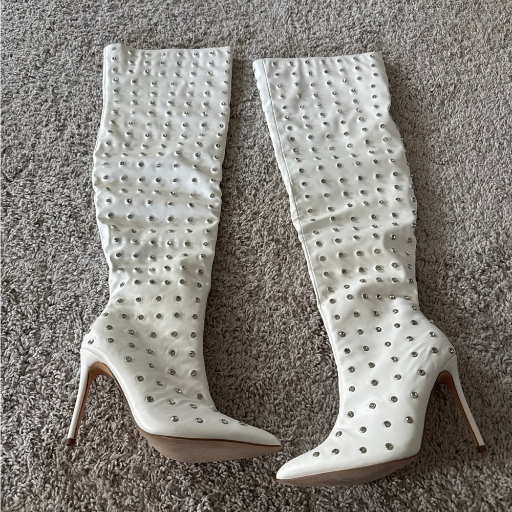 Elegant White Studded Knee-High Boots